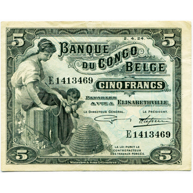 CONGO, Banque du Congo belge, 5 francs, 2.4.24, Elisabethville. Pick 4; Martiny,...