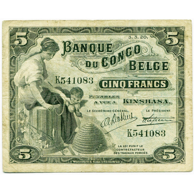CONGO, Banque du Congo belge, 5 francs, 3.3.20, Kinshasa. Pick 4a; Martiny, Cong...