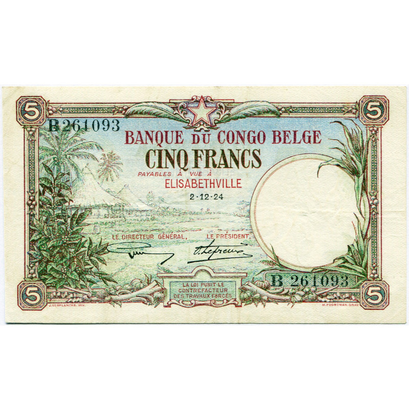 CONGO, Banque du Congo belge, 5 francs, 2.12.24, Elisabethville. Pick 8a; Martin...