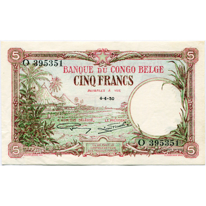 CONGO, Banque du Congo belge, 5 francs, 4.4.30, sans le nom de la filiale. Pick ...
