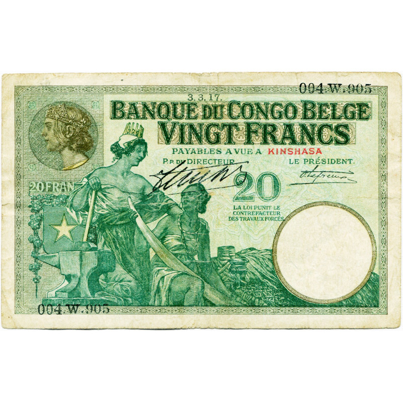 CONGO, Banque du Congo belge, 20 francs, 3.3.17, Kinshasa. Pick 10b; Martiny, Co...