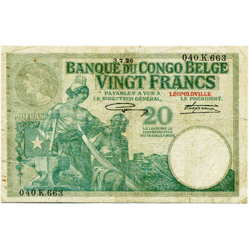 CONGO, Banque du Congo belge, 20 francs, 3.7.26, Léopoldville. Pick 10c; Martiny...