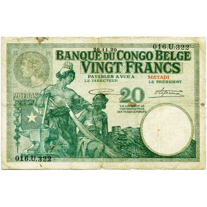 CONGO, Banque du Congo belge, 20 francs, 26.11.20, Matadi. Pick 10d; Martiny, Co...