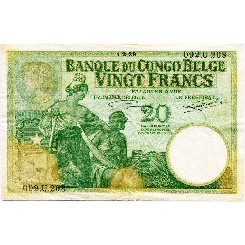 CONGO, Banque du Congo belge, 20 francs, 1.2.29, sans le nom de la filiale. Pick...