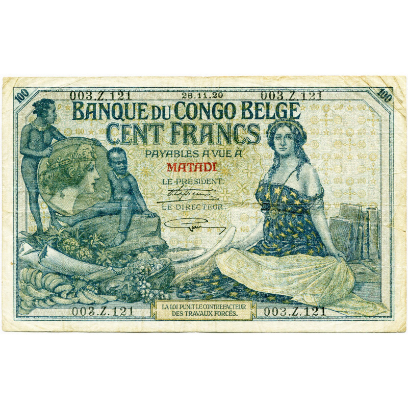 CONGO, Banque du Congo belge, 100 francs, 26.11.20, Matadi. Pick 11d; Martiny, C...