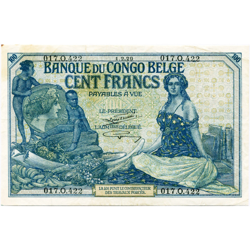 CONGO, Banque du Congo belge, 100 francs, 1.2.29, sans le nom de la filiale. Pic...