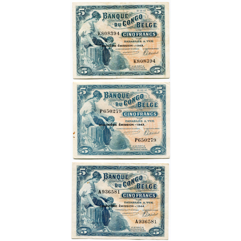 CONGO, Banque du Congo belge, lot de 3 billets de 5 francs, 10.01.43 (troisième ...