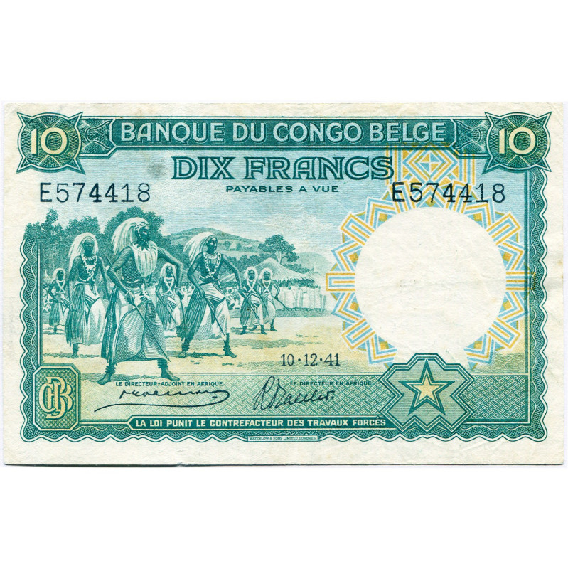 CONGO, Banque du Congo belge, 10 francs, 10.12.41. Pick 14A; Martiny, Congo, BCB...