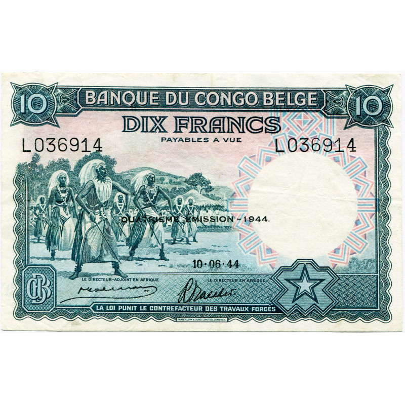 CONGO, Banque du Congo belge, 10 francs, 10.06.44. Quatrième émission. Pick 14D;...