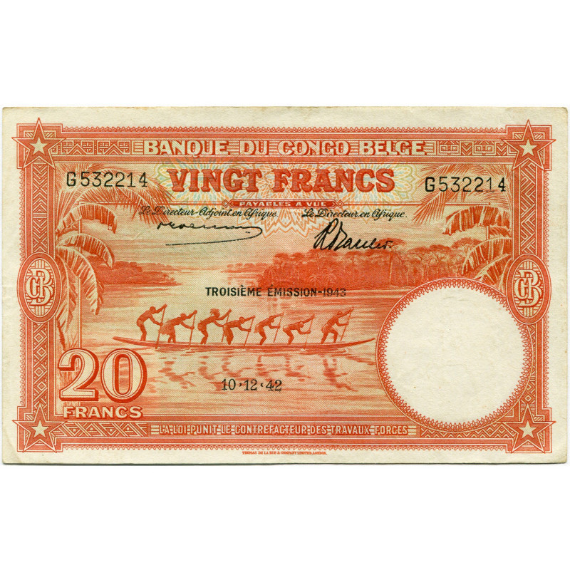 CONGO, Banque du Congo belge, 20 francs, 10.12.42. Troisième émission - 1943. Pi...