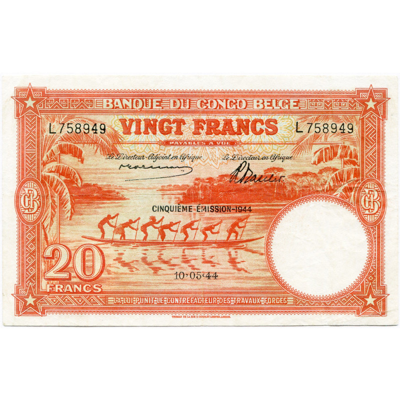 CONGO, Banque du Congo belge, 20 francs, 10.05.44. Cinquième émission. Pick 15C;...
