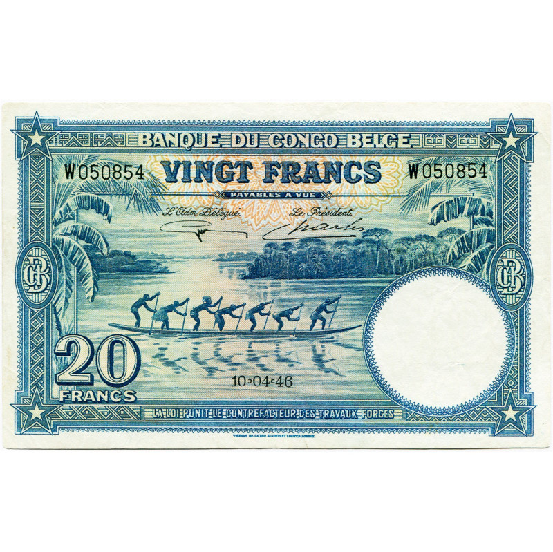 CONGO, Banque du Congo belge, 20 francs, 10.04.46. Pick 15E; Martiny, Congo, BCB...