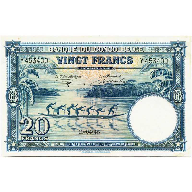 CONGO, Banque du Congo belge, 20 francs, 10.04.46. Pick 15E; Martiny, Congo, BCB...