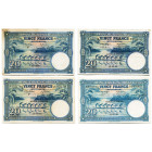 CONGO, Banque du Congo belge, lot de 4 billets de 20 francs: 10.04.46 (série AA), 10.08.48 (série AJ), 18.05.49 (série AQ) et 11.04.50 (série BB). Pic...