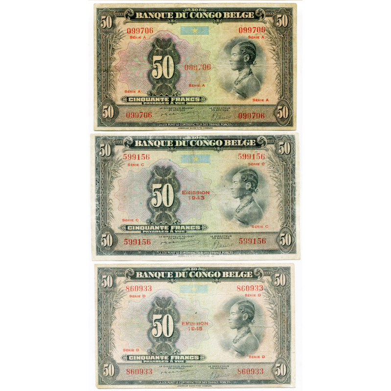 CONGO, Banque du Congo belge, lot de 3 billets de 50 francs: s.d. (1941-1942, sé...