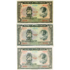 CONGO, Banque du Congo belge, lot de 3 billets de 50 francs: s.d. (1941-1942, série A), 1943 (série C) et 1945 (série D). Pick 16a-c; Martiny, Congo, ...