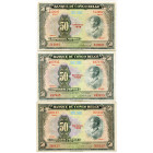 CONGO, Banque du Congo belge, lot de 3 billets de 50 francs, 1949 (séries J, K et L). Pick 16g; Martiny, Congo, BCB27-5.

Beau (Fine)