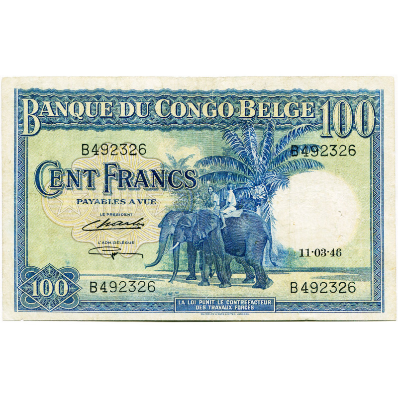 CONGO, Banque du Congo belge, 100 francs, 11.03.46. Sans marque d'émission. Séri...