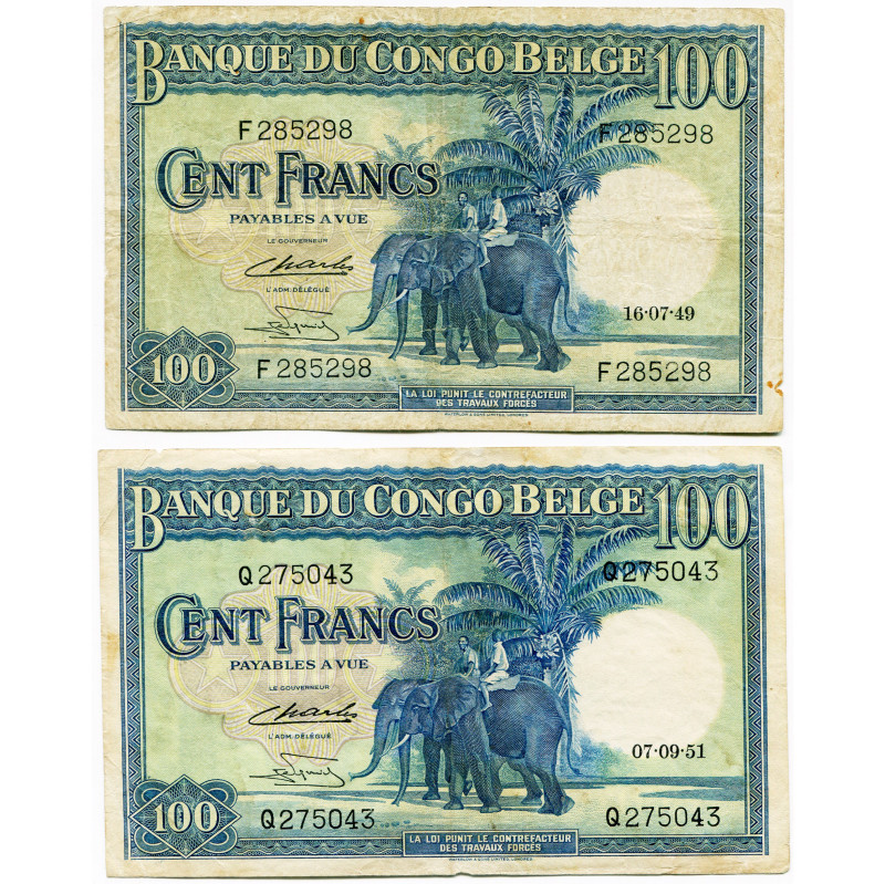 CONGO, Banque du Congo belge, lot de 2 billets de 100 francs: 16.07.49 (série F)...