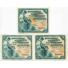 CONGO, Banque centrale du Congo belge et du Ruanda-Urundi, lot de 3 billets de 5 francs: 01.10.52 (série A), 15.05.53 (série F), 15.09.53 (série K). P...