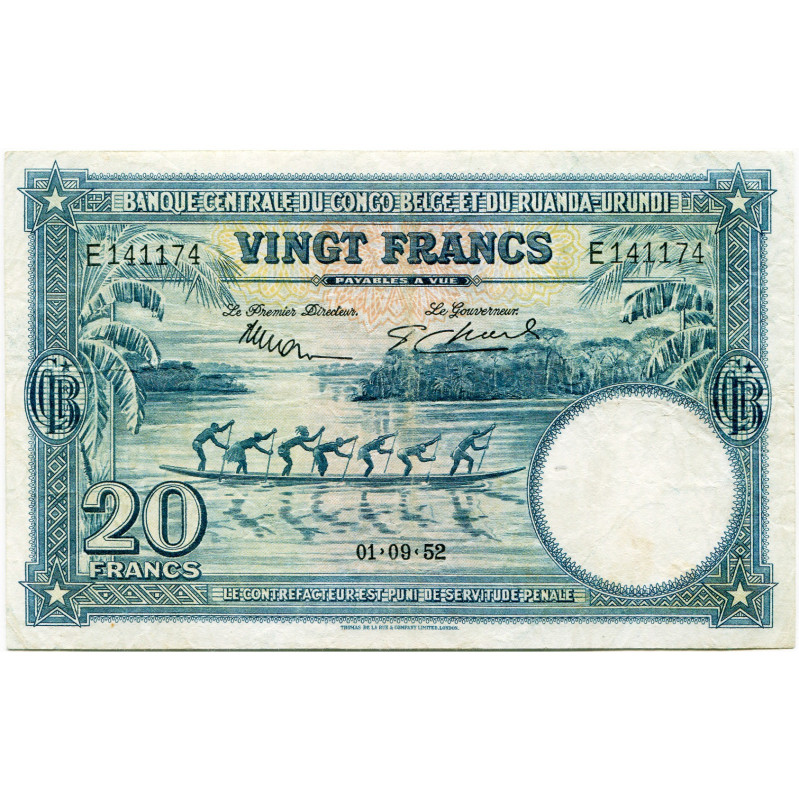 CONGO, Banque centrale du Congo belge et du Ruanda-Urundi, 20 francs, 01.09.52. ...