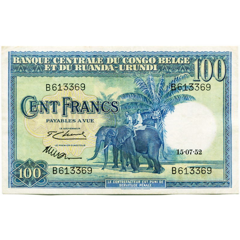 CONGO, Banque centrale du Congo belge et du Ruanda-Urundi, 100 francs, 15.07.52....