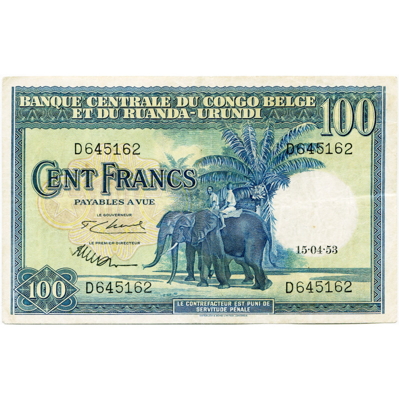 CONGO, Banque centrale du Congo belge et du Ruanda-Urundi, 100 francs, 15.04.53....