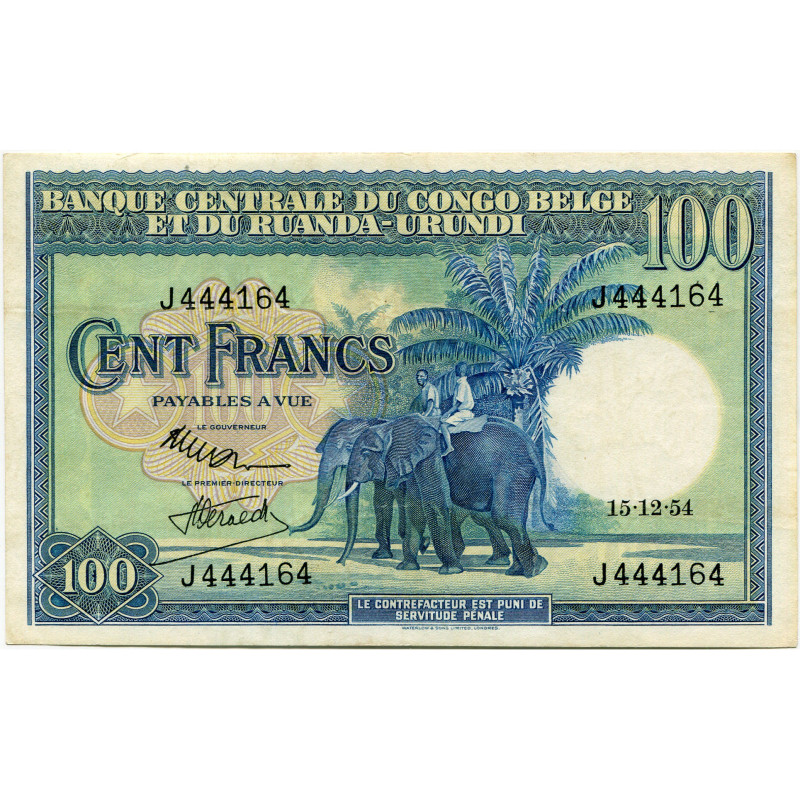 CONGO, Banque centrale du Congo belge et du Ruanda-Urundi, 100 francs, 15.12.54....