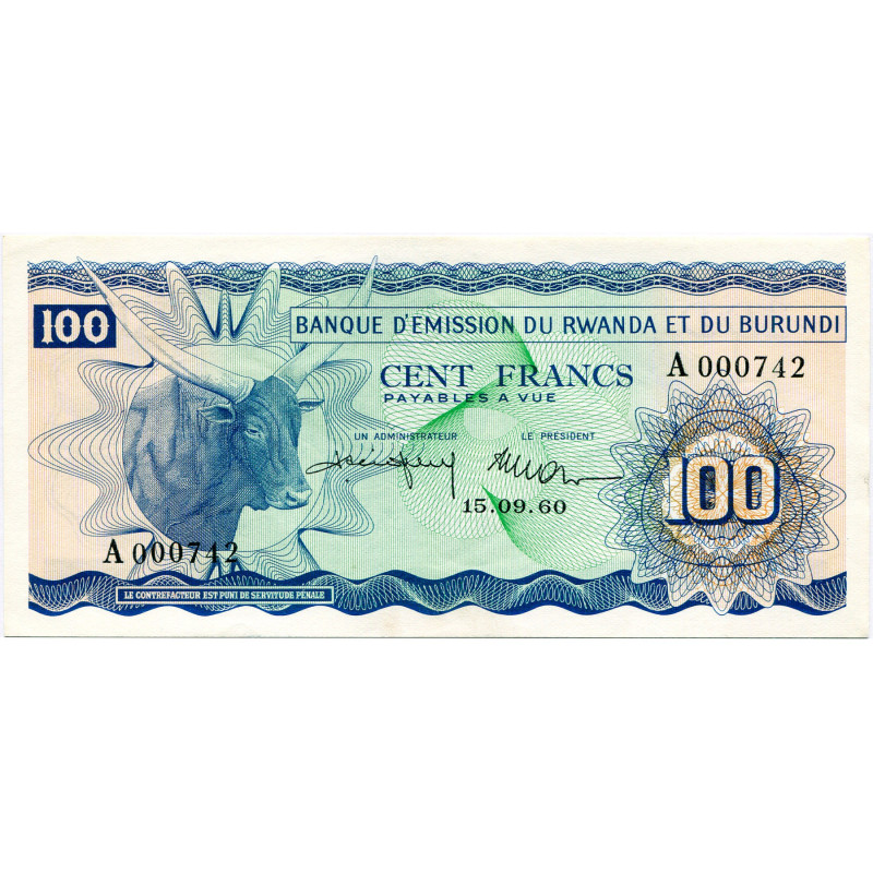 RWANDA-BURUNDI, Banque d’Emission du Rwanda et du Burundi, 100 francs, 15.09.60....