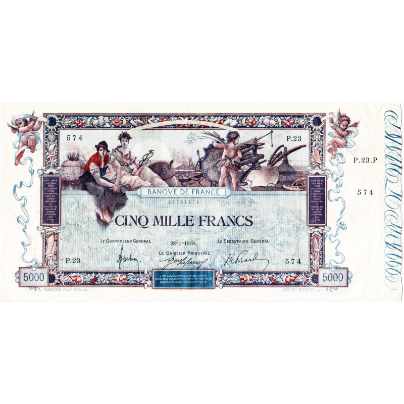 FRANCE, Banque de France, 5000 francs, 28.4.1918. Flameng. Pick 76. Très rare. P...