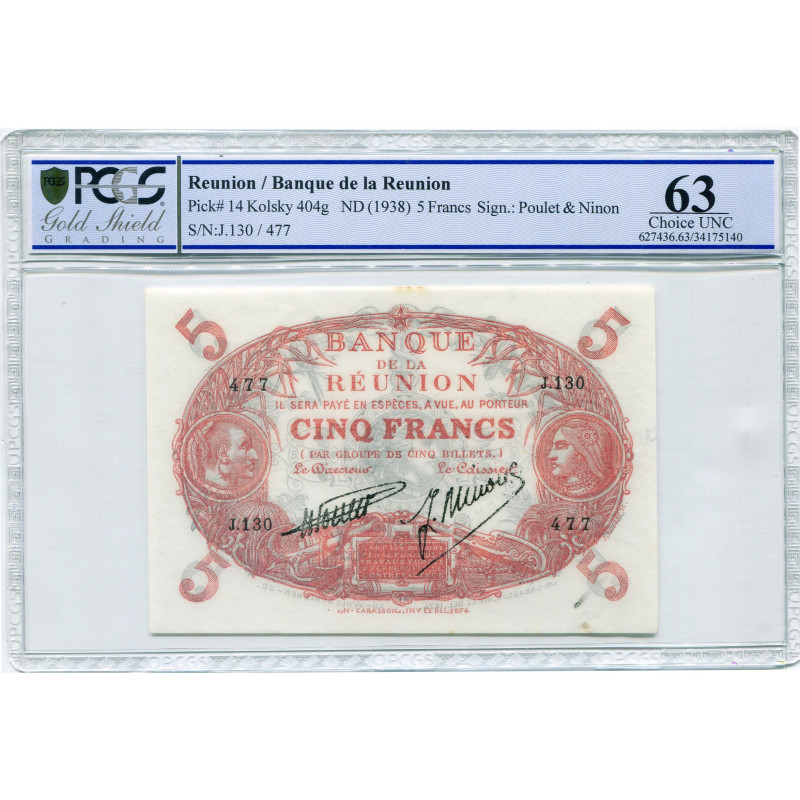 REUNION, Banque de la Réunion, 5 francs, 1901 (1938). Pick 14. Petites taches. G...