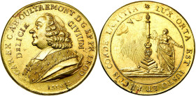 PAYS-BAS MERIDIONAUX, Cu doré jeton, 1764 (chronogramme), Jacobi. Charles d'Oultremont, évêque de Liège (1763-1771). D/ B. à g. R/ LUX ORTA EST IUSTO ...