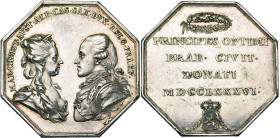 PAYS-BAS MERIDIONAUX, AR jeton, 1786, Th. van Berckel. Brabantisation des gouverneurs généraux des Pays-Bas. D/ B. en regard de Marie-Christine et Alb...