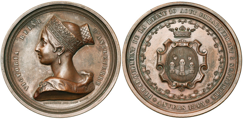 BELGIQUE, AE médaille, 1845, Hart. Séjour de la reine Victoria à Anvers. D/ B. à...