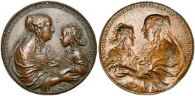 FRANCE, AE médaille, s.d. (1645), Warin. Régence d'Anne d'Autriche. D/ La reine, avec le voile de veuve, ten. le jeune Louis XIV dans ses bras. T.N. I...
