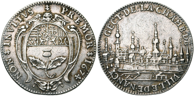 FRANCE, AR jeton, 1674. Chambre de la ville de Nancy. D/ NON INVLTVS PREMOR Cart...