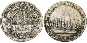 FRANCE, AR jeton, 1729. Chambre de la ville de Nancy. D/ NON INVLTVS PREMOR Cartouche orné aux armes de la ville. R/ Vue de la ville. Feu. 7701 (cuivr...