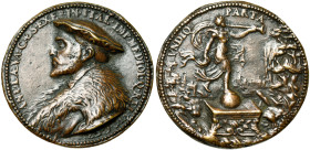 ITALIE, AE médaille, s.d. (vers 1530). Antonio de Leyva (vers 1480-1536), gouverneur de Milan. D/ B. à g. vêtu d'un manteau de fourrure et coiffé d'un...