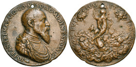 ITALIE, AE médaille, s.d. (1549), Galeotti. Gianfrancesco Trivulzio, marquis de Vigevano et comte de Messocco. D/ B. dr. et cuir. à d. R/ FVI SVM ET E...