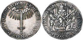 PAYS-BAS SEPTENTRIONAUX, AR jeton, 1586, Dordrecht. Secours envoyés par la reine d'Angleterre sous le commandement de Leicester. D/ Une épée en pal, d...
