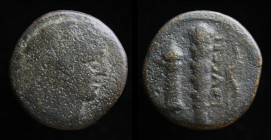 APULIA, Luceria, 211-200 BCE, AE Quadrunx. 9.79g, 24mm.
Obv: Head of Herakles right, wearing lion's skin headdress; four pellets behind.
Rev: LOVCER...