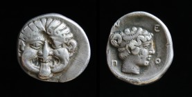 MACEDON, Neapolis, late 5th to early 4th c. BCE., AR Hemidrachm. 1.85g, 14mm.
Obv: Facing gorgoneion.
Rev: N - E - O - Π. 
Head of nymph right within ...