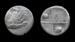 THRACE, Chersonesos, c. 386-338 BCE, AR hemidrachm. 2.36g, 13mm. Rare.
Obv: Forepart of lion right, head reverted.
Rev: Quadripartite incuse square wi...