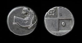 THRACE, Chersonesos, c. 386-338 BCE, AR Hemidrachm. 2.38g, 13mm.
Obv: Forepart of lion right, head reverted.
Rev: Quadripartite incuse square with alt...