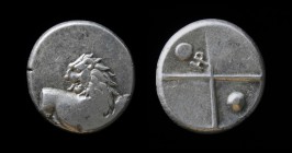 THRACE, Chersonesos, c. 386-338 BCE, AR hemidrachm. 2.40g, 13mm. Scarce type, not in McClean.
Obv: Forepart of lion right, head reverted.
Rev: Quadrip...