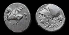 AKARNANIA, Anaktorion, c. 320-280 BCE, AR Stater. 8.31g, 21.5mm.
Obv: AN (ligate) Pegasos flying left.
Rev. Head of Athena to left, wearing Corinthi...