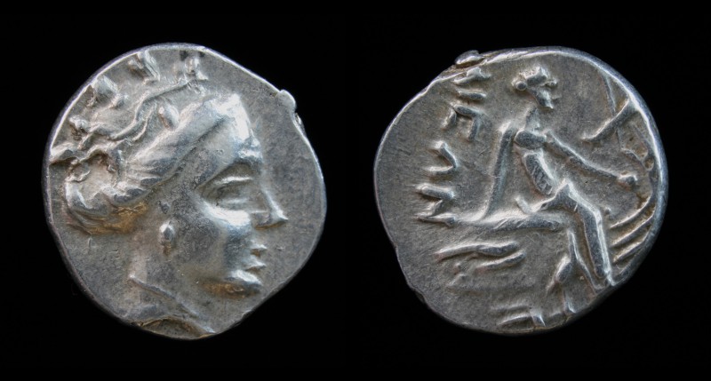 EUBOEA, Histiaia, 3rd to 2nd c. BCE, AR Tetrobol. 2.42g, 14.5mm.
Obv: Head of Ma...