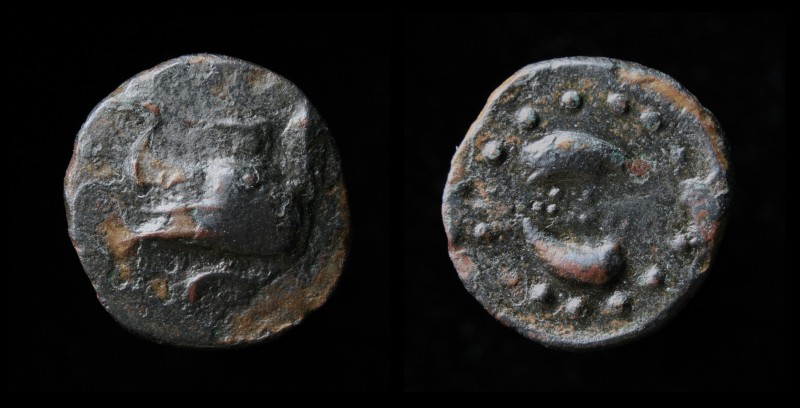 MEGARIS, Megara, 350-275 BCE, Æ15 (dichalkon?). 1.77g, 15mm.
Obv: Prow of galley...