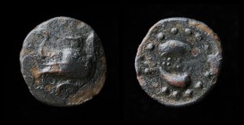 MEGARIS, Megara, 350-275 BCE, Æ15 (dichalkon?). 1.77g, 15mm.
Obv: Prow of galley left on which stands a tripod.
Rev: MEΓ, two dolphins swimming counte...