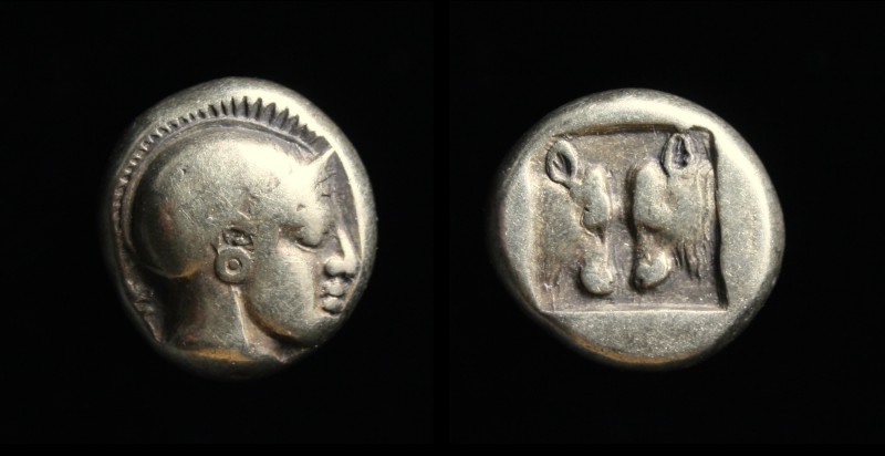 LESBOS, Mytilene: Electrum hekte, c. 454-427 BCE. 2.52g, 10mm.
Obv: Helmeted hea...